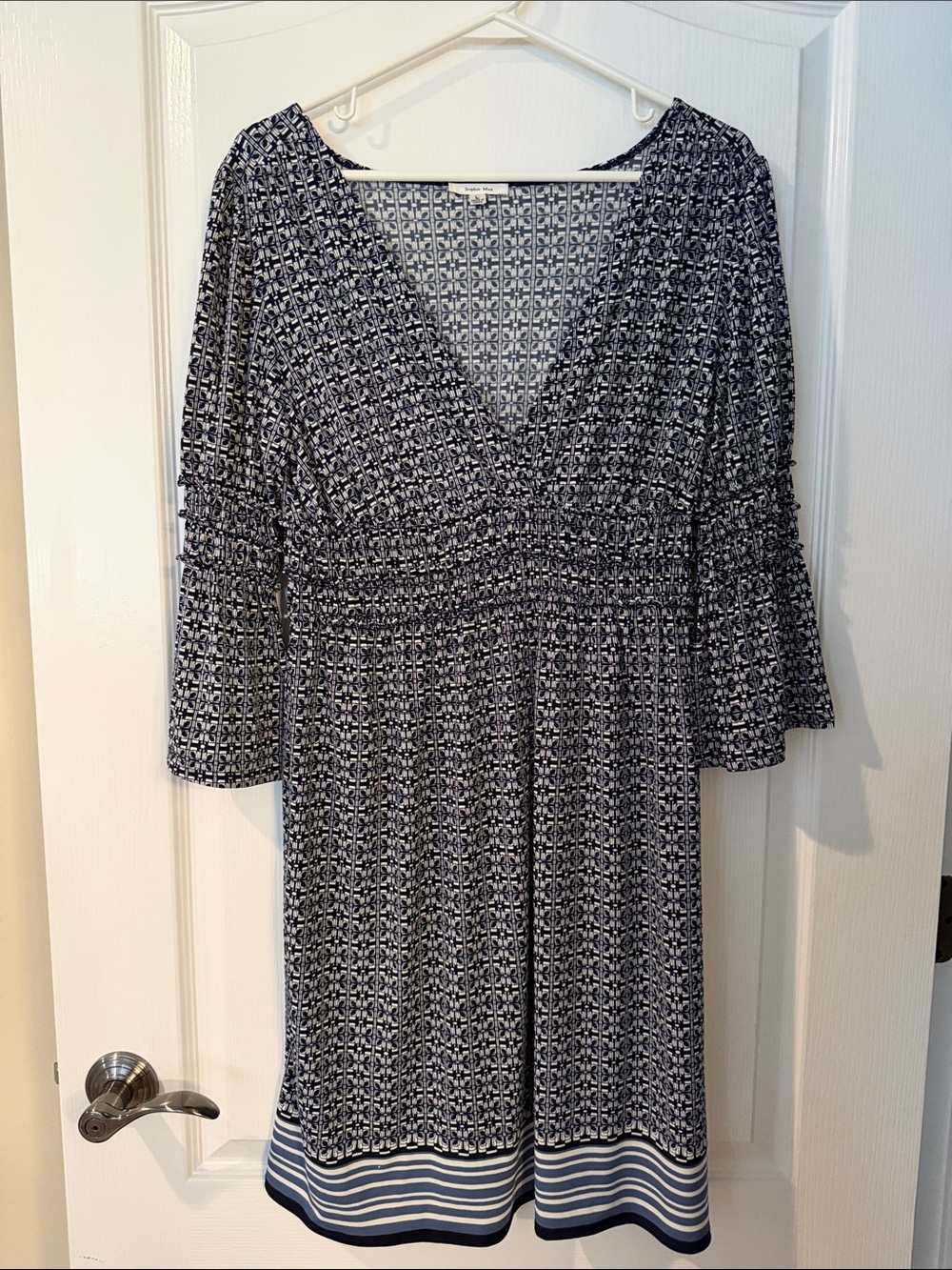 Sophie Max size large, navy and white dress - polyester spandex blend